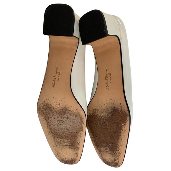 Ferragamo White Beige Leather Heels Low Chunky 1.5" Heel Italy Size 6AA I10067 - Picture 8 of 13